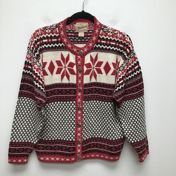 VTG Woolrich Womens Red White Nordic Fair Isle Snowflake Button Front Cardigan M - Picture 1 of 8